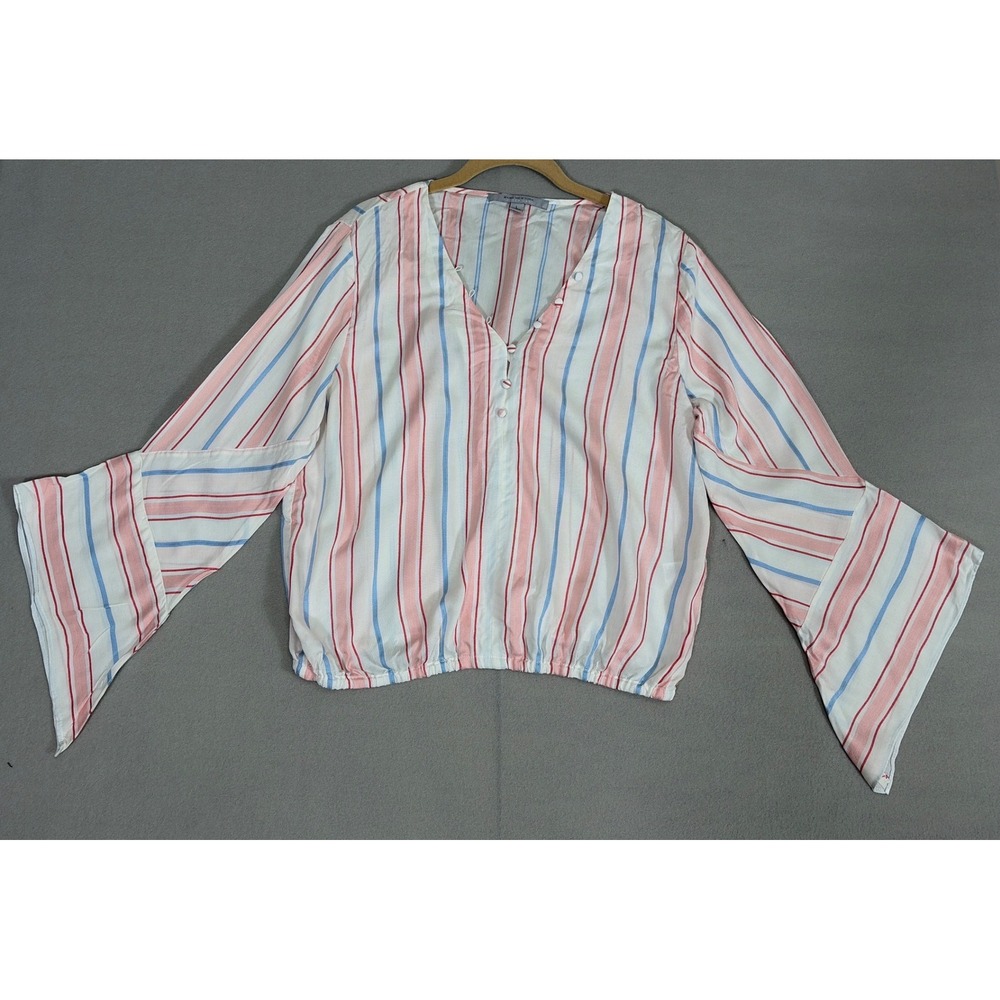 Marc New York Andrew Marc Womens Pink Blue Striped Bell Sleeve Blouse Large